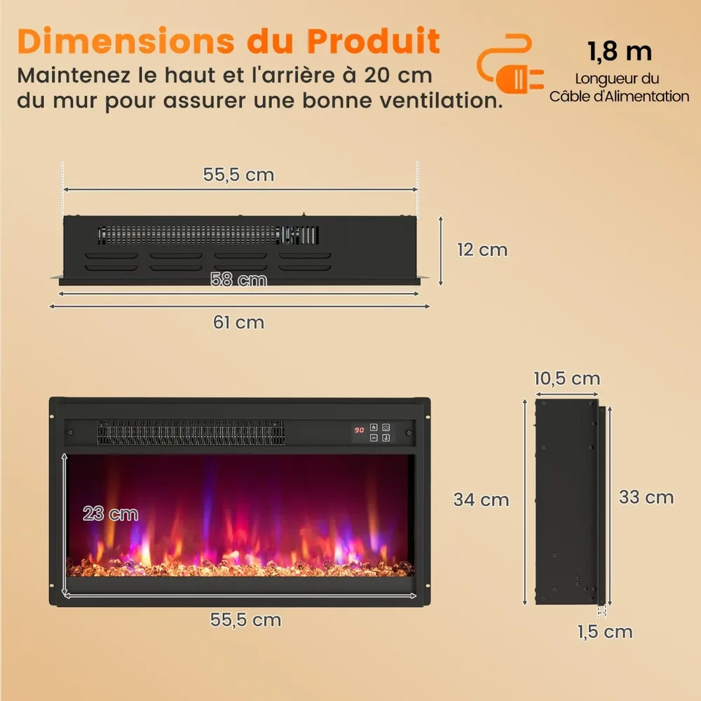 Вграждаема електрическа камина 23 инча, 1500 W, с дистанционно и таймер 0,5–9 ч, черна, снимка 6