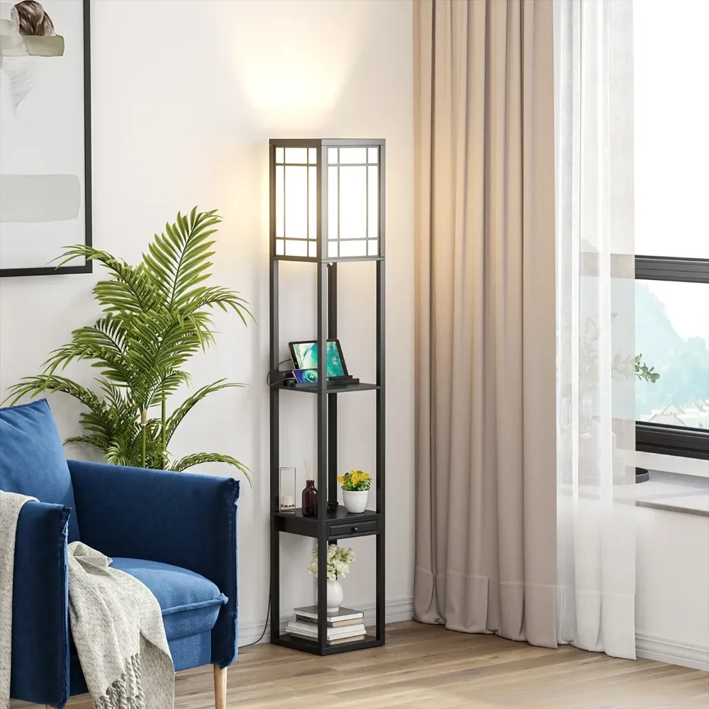 Подова лампа с рафтове, чекмедже и 2 USB порта, 160,5 см, черна, снимка 4