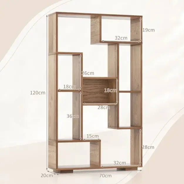 Геометрична етажерка с 11 рафта и защита от преобръщане, 70 × 20 × 120 см, натурална, снимка 5