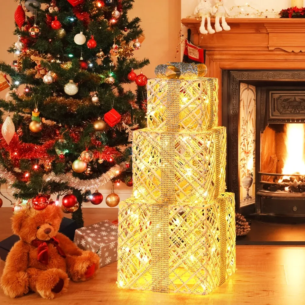 Комплект от 3 светещи коледни подаръчни кутии с 50 LED светлини и кристали, бели, снимка 4