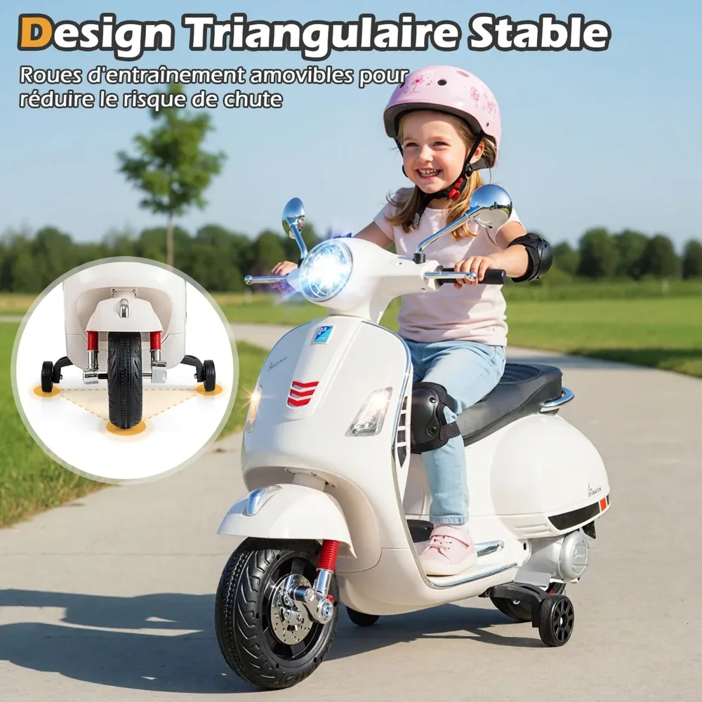 Детски електрически мотор Vespa 12 V с помощни колела, музика и клаксон, бял, снимка 2
