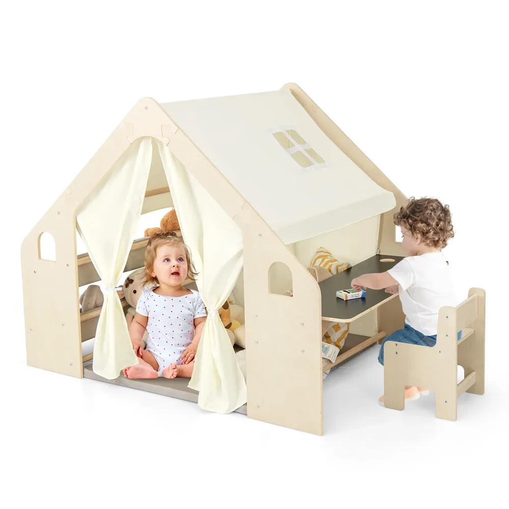Детска палатка за игра 6 в 1 с дъска, 6 кутии за съхранение и постелка, бежова