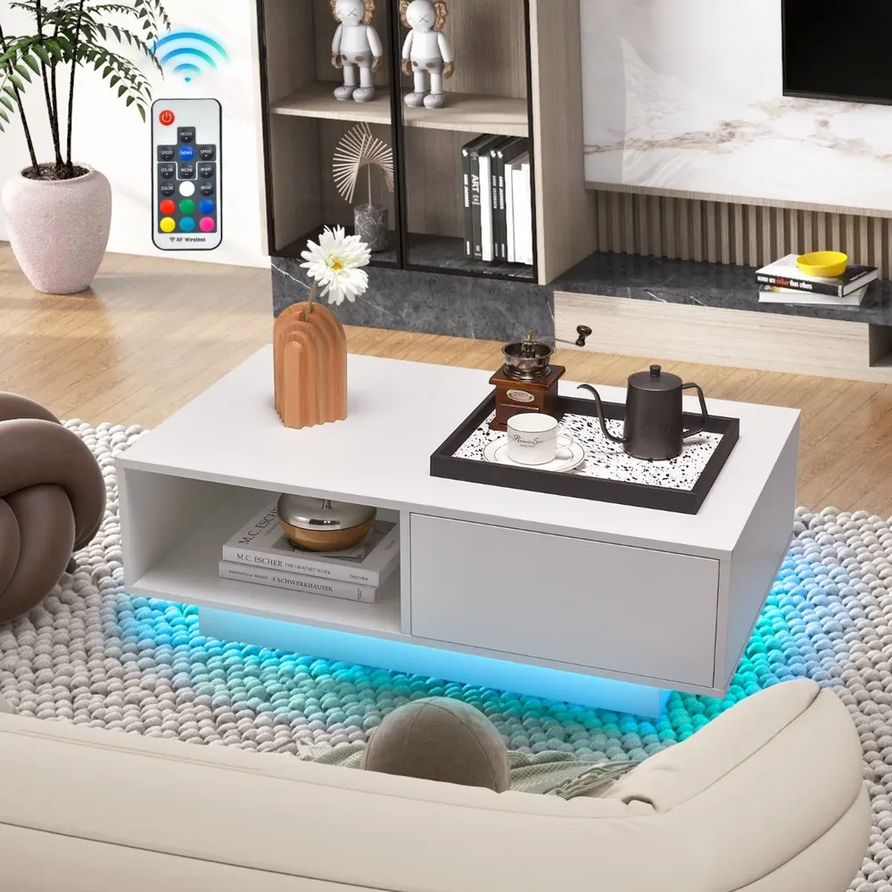 Холна маса с LED осветление в 20 цвята, чекмедже и отделение, 95 × 55 × 31 см, бяла, снимка 8