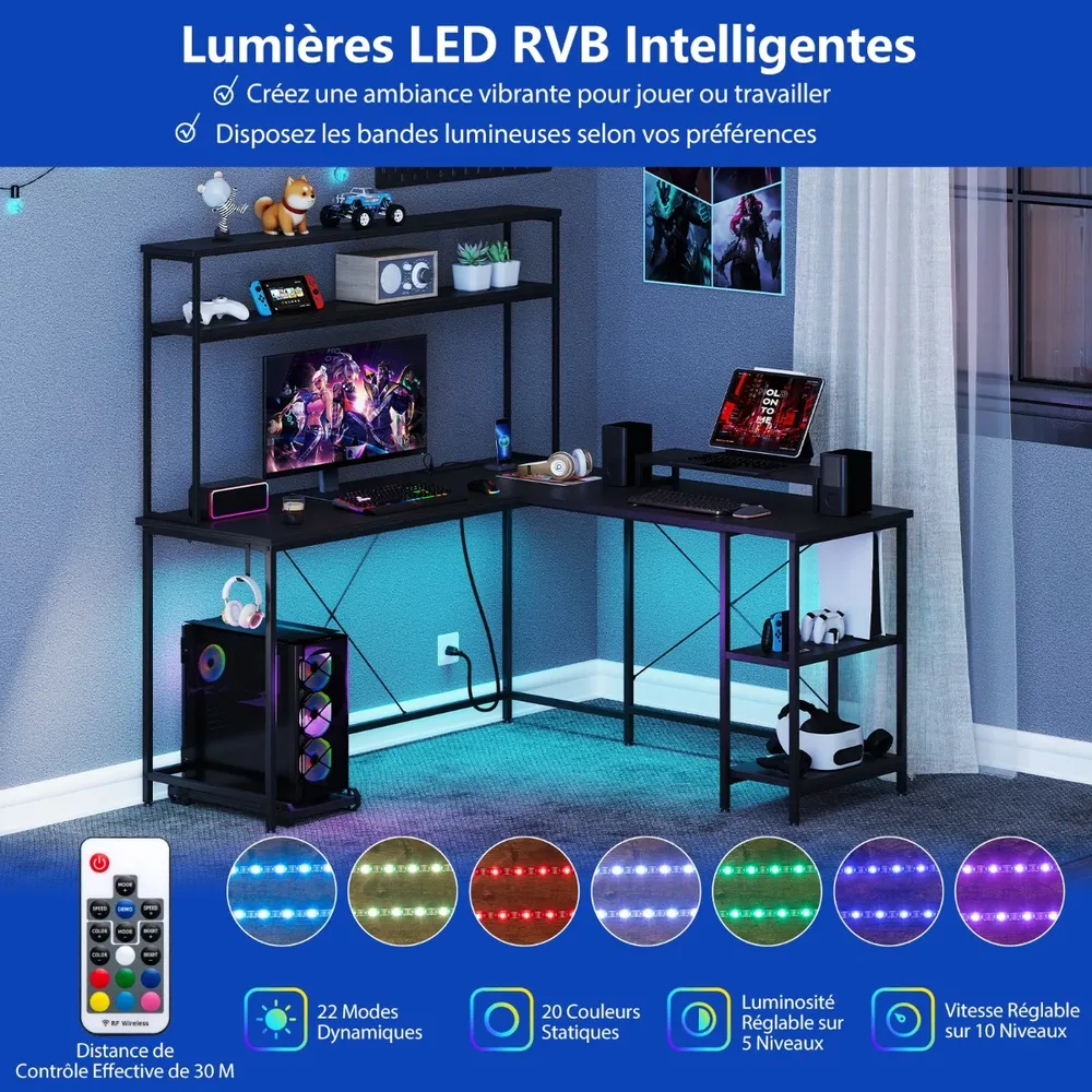 L-образно геймърско бюро с LED лента, контакти и стойка за монитор, черно