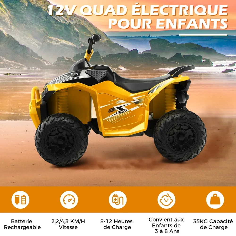 Детски електрически квадроцикъл 12V с клаксон, музика и LED светлини, жълт, снимка 3