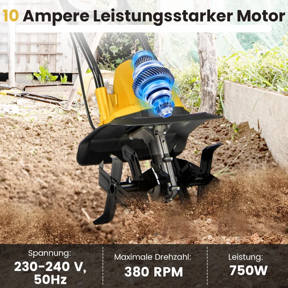 Електрическа мотофреза 750 W с работна ширина 32 см и дълбочина 22 см, жълта, снимка 3