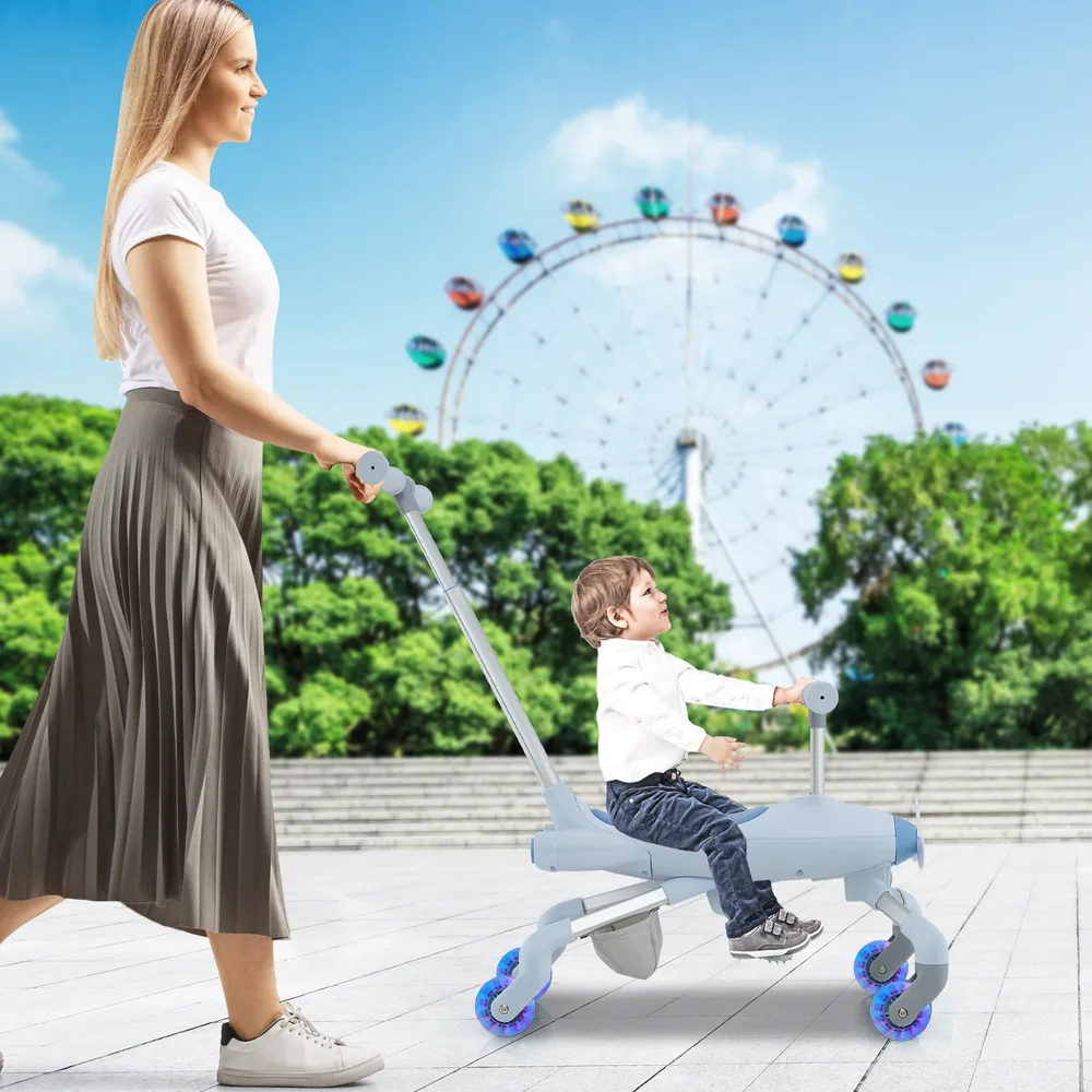 Детска кола 2 в 1 за бутане и каране със светещи LED колела, тъмносиня, снимка 3