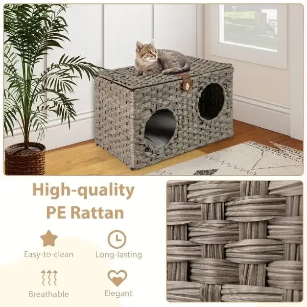 Сгъваема къщичка за котки от ратан с възглавница, 60 × 35 × 35 см, сива, снимка 6