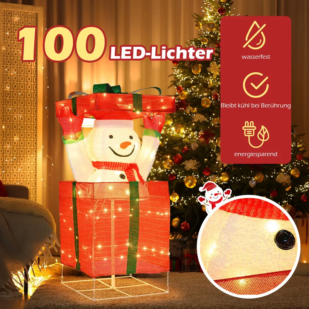 Светещ снежен човек в подаръчна кутия, 115 см, със 100 топло бели LED светлини, снимка 4
