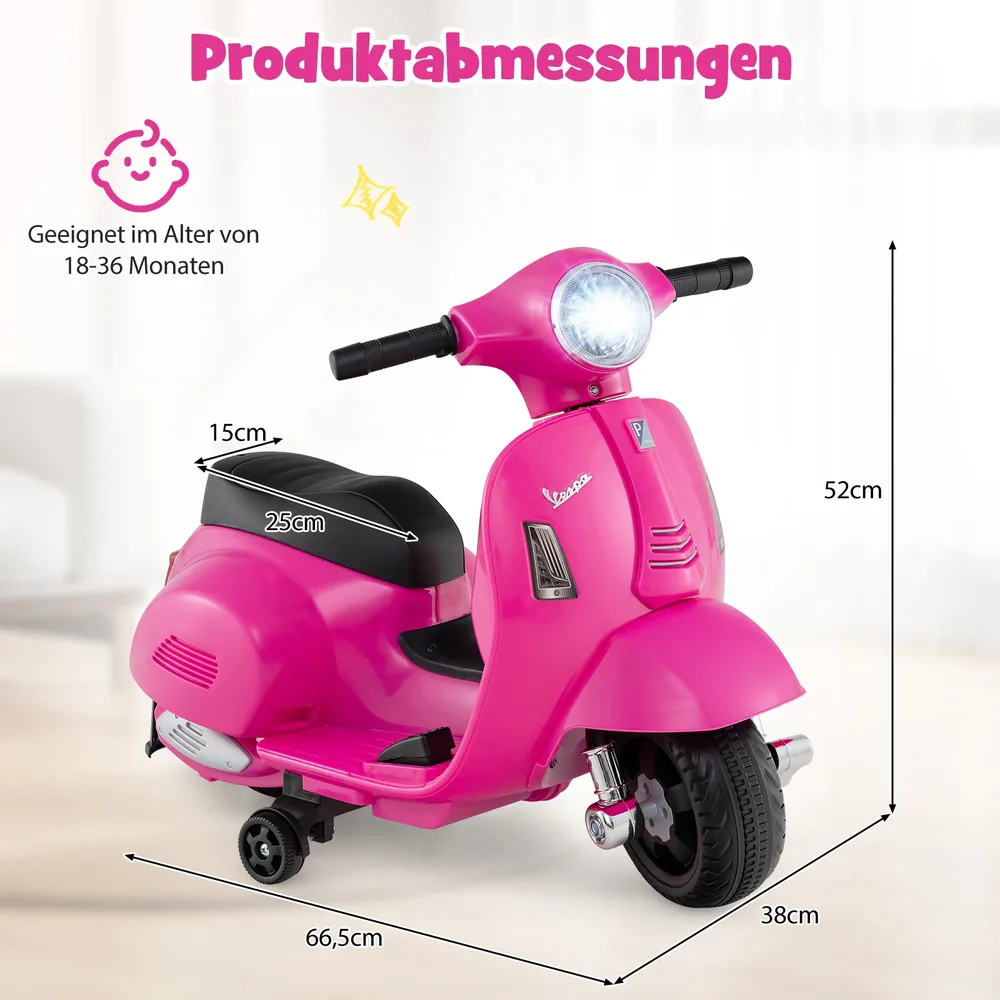 Детски електрически мотор Vespa 6V с LED фар и помощни колела, розов, снимка 4