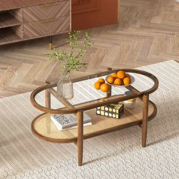 Холна маса със стъклен плот и рафт от полиратан, 102 × 56 × 47 см, кафява, снимка 2