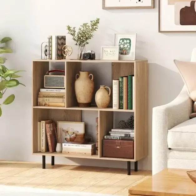 Етажерка с 4 отворени отделения и метални крака, 90 × 30 × 90 см, натурална, снимка 2