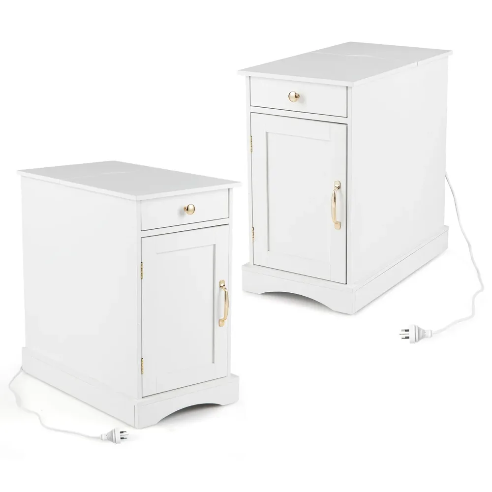 Комплект от 2 нощни шкафчета със зарядна станция, чекмедже и регулируем рафт, бели, снимка 5