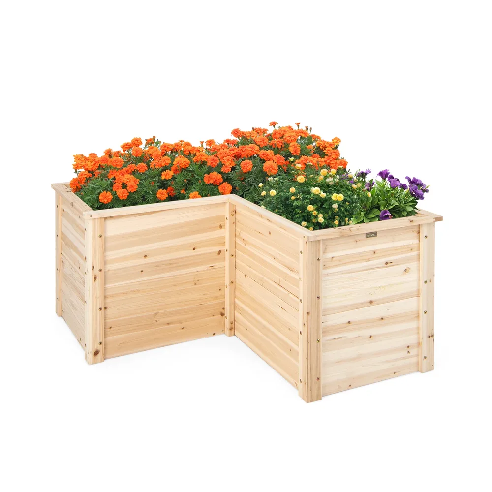 Г-образна дървена повдигната леха 121 × 121 × 62 см с отворена основа, натурална