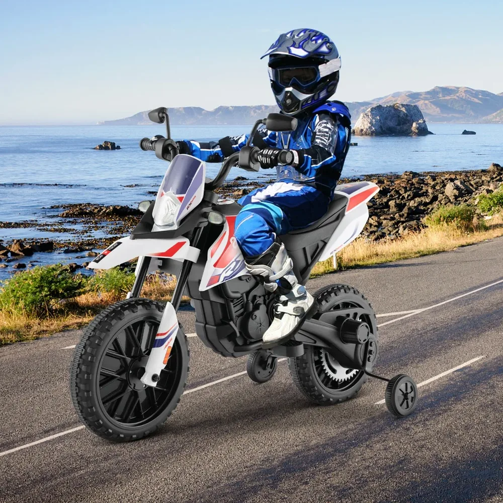 Детски електрически мотор Aprilia 12V с помощни колела, музика и фар, бял, снимка 7