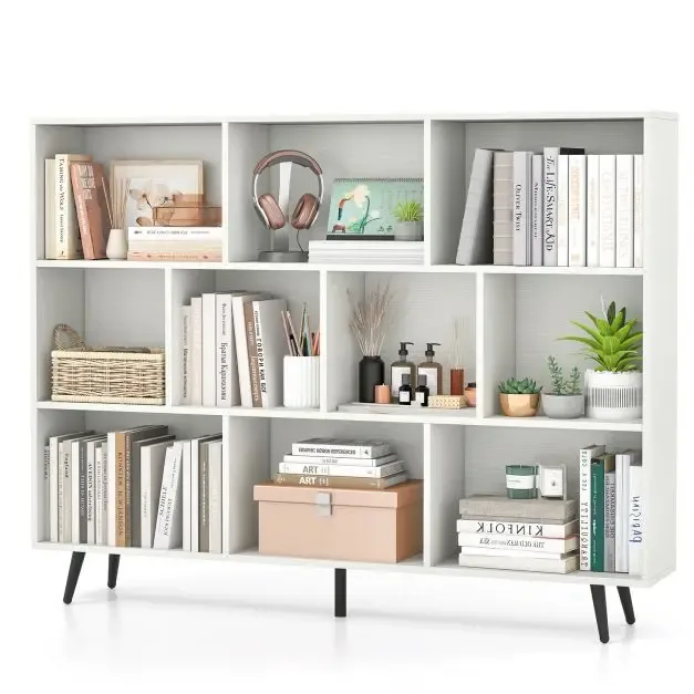 Етажерка с 10 кубични отделения и 5 конусовидни метални крака, 140 × 24 × 107 см, бяла