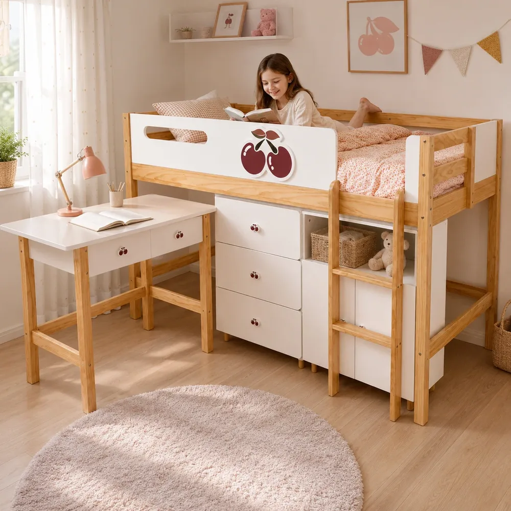 Детско комбинирано легло CHERRY с бюро, скрин, шкаф и подматрачна рамка, 90x200 см, снимка 7