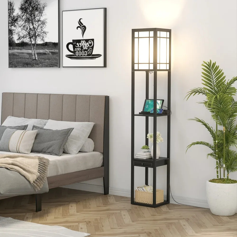 Подова лампа с рафтове, чекмедже и 2 USB порта, 160,5 см, черна
