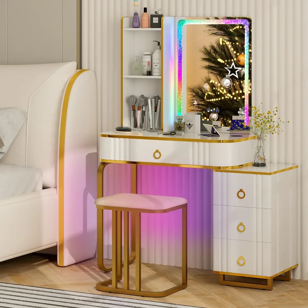 Тоалетка с LED осветление, 7 динамични и 7 статични режима и табуретка, бяла, снимка 6