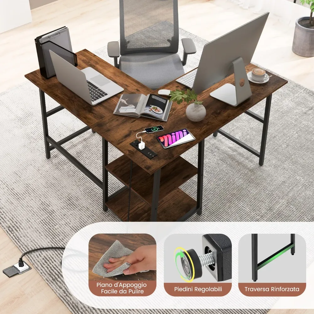 L-образно ъглово бюро с контакти и USB портове 120 × 120 × 75 см, кафяво, снимка 3