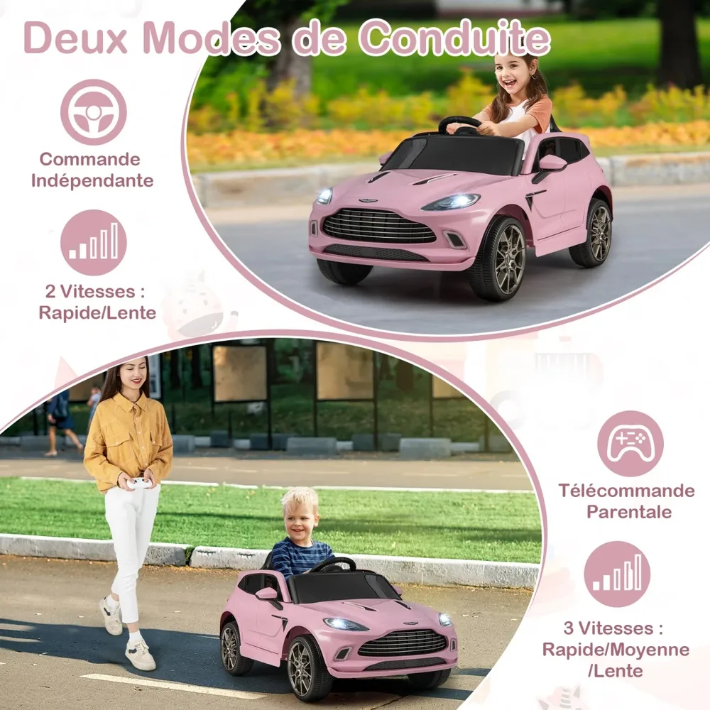 Детска електрическа кола Aston Martin 12V с дистанционно, музика и LED светлини, розова, снимка 3