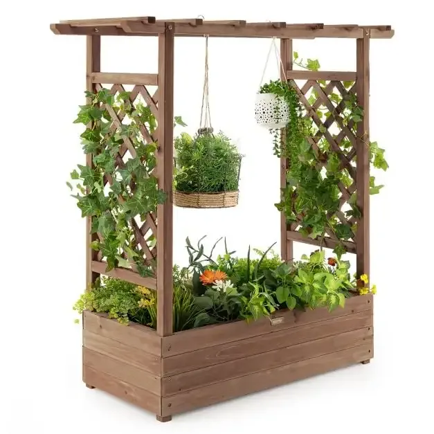 Дървена леха с решетки и висящ покрив, 110 × 44 × 113,5 см, кафява