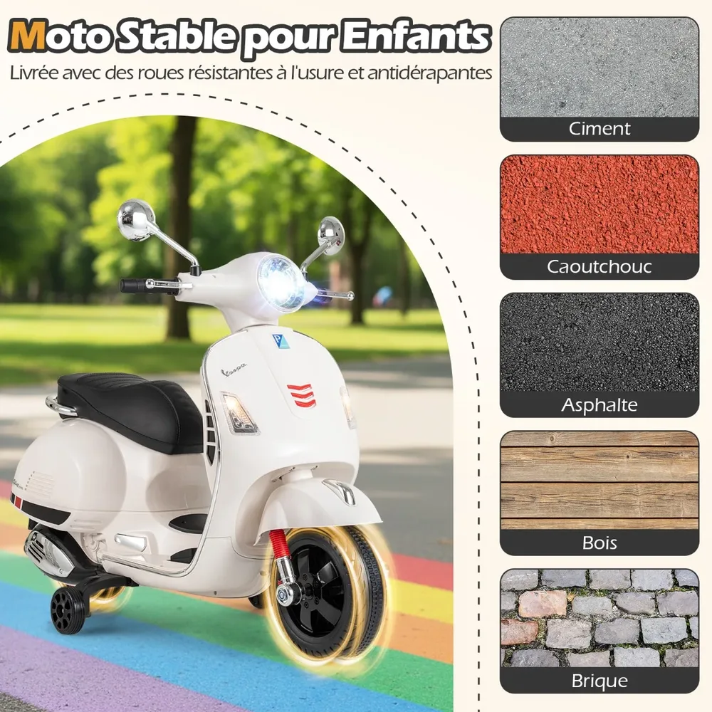 Детски електрически мотор Vespa 12 V с помощни колела, музика и клаксон, бял, снимка 4