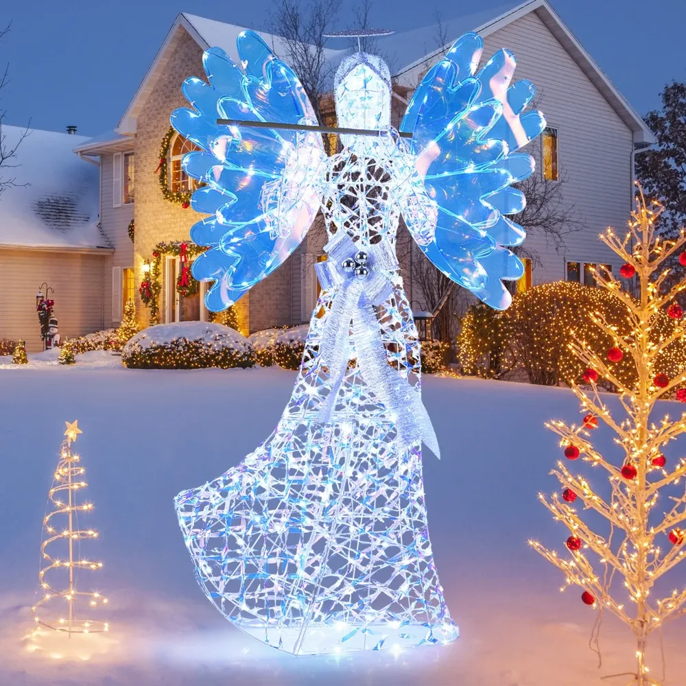 Светещ 3D коледен ангел с флейта и искрящ ореол, 158 см, 250 LED светлини, бял, снимка 6