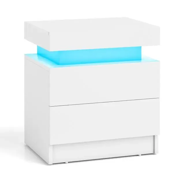 Нощно шкафче с имитация на мрамор, 2 чекмеджета и LED осветление, бяло