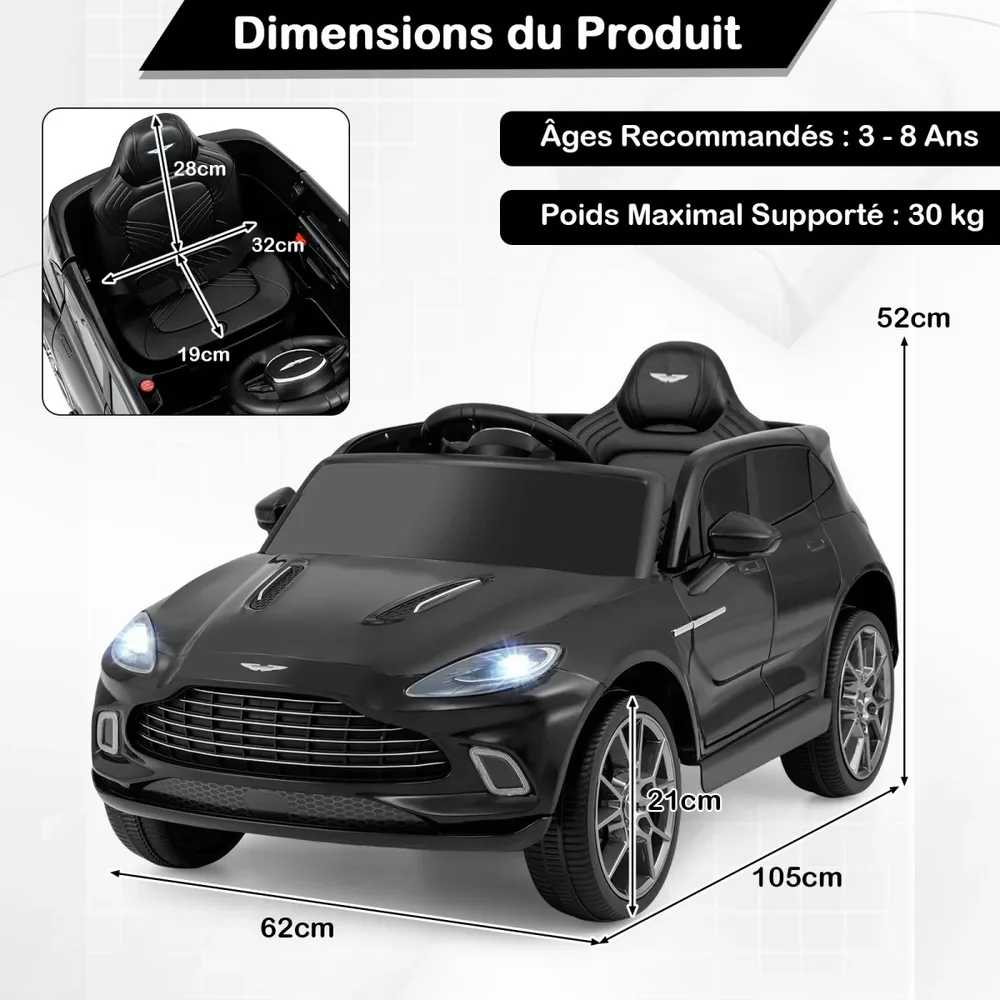 Детска електрическа кола Aston Martin 12 V с дистанционно, музика и LED светлини, черна, снимка 7