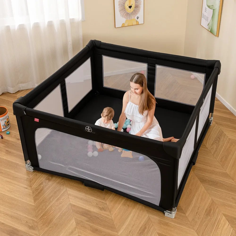 Сгъваема бебешка кошара 150 × 150 см с 50 топки, 4 халки и врата с цип, черна, снимка 2