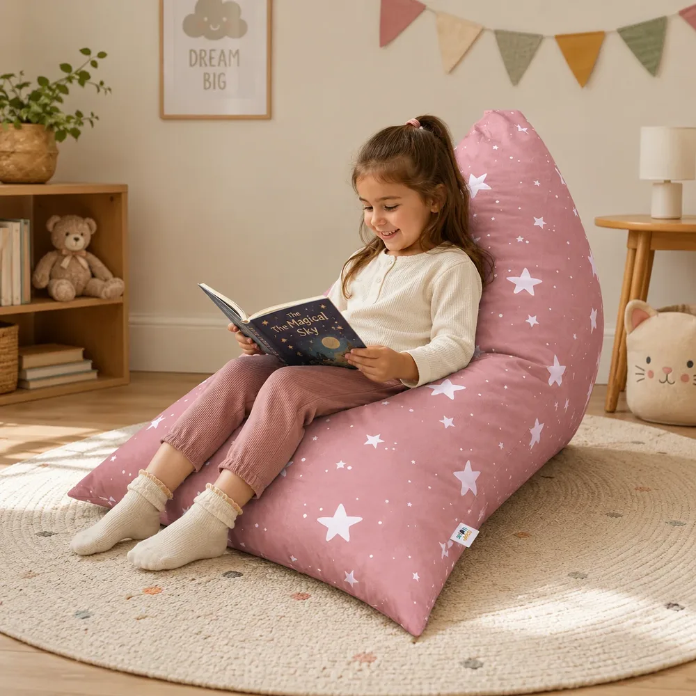 Детски пуф лежанка Little Stars, 100% памук, розов барбарон със звезди, 127x81x76 см, снимка 3